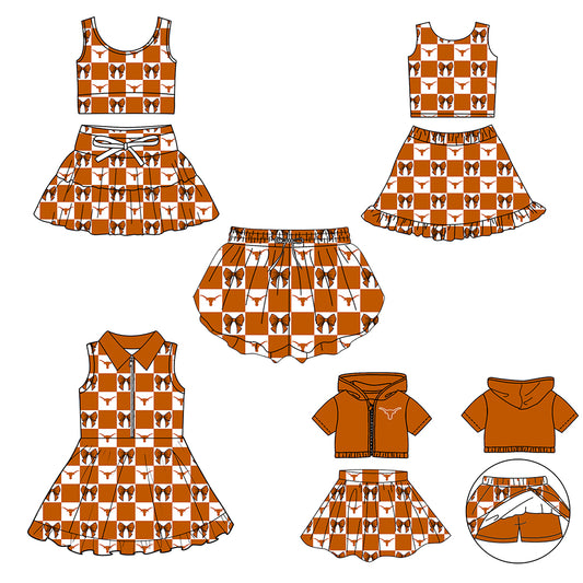 CUSTOM MOQ 5 Sibing Kids Clothing for Girls Baby Girls Orange Bow Top Skirts Yoga Active Team Clothes Sets Knee Length Dress Shorts