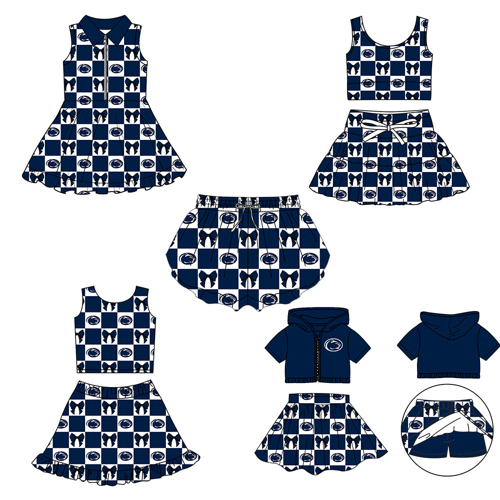 CUSTOM MOQ 5 Sibing Kids Clothing for Girls Baby Girls Blue Bow Top Skirts Yoga Active Team Clothes Sets Knee Length Dress Shorts