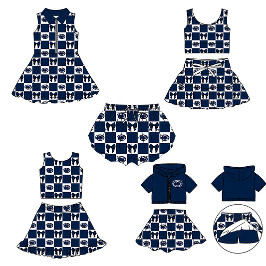 CUSTOM MOQ 5 Sibing Kids Clothing for Girls Baby Girls Blue Bow Top Skirts Yoga Active Team Clothes Sets Knee Length Dress Shorts