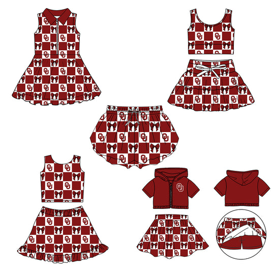 CUSTOM MOQ 5 Sibing Kids Clothing for Girls Baby Girls Red Bow Top Skirts Yoga Active Team Clothes Sets Knee Length Dress Shorts