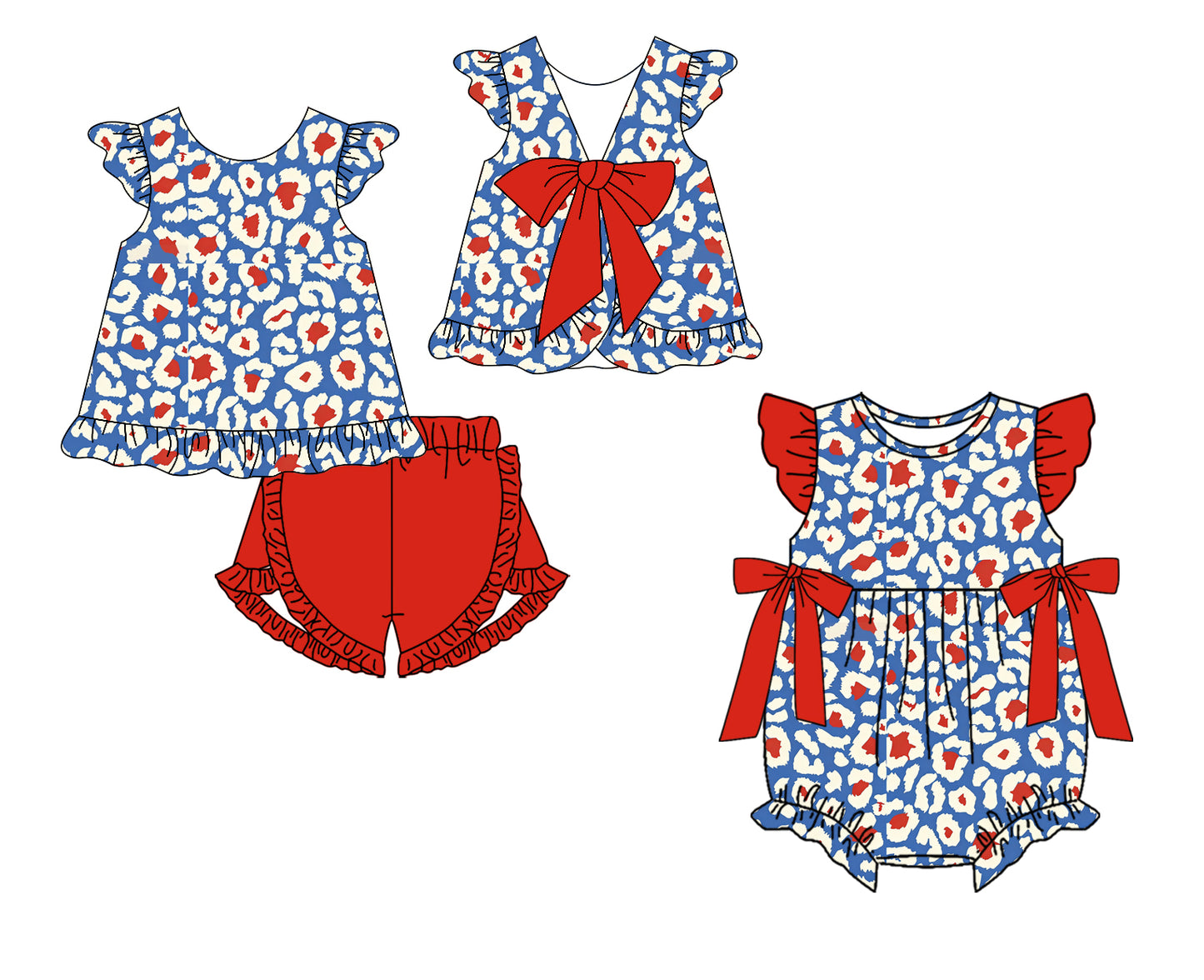 CUSTOM MOQ 5 Sibling Baby Girls Blue Leopard Checked Tunic Ruffle Shorts Clothes Set Ruffle Rompers