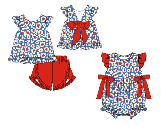 CUSTOM MOQ 5 Sibling Baby Girls Blue Leopard Checked Tunic Ruffle Shorts Clothes Set Ruffle Rompers