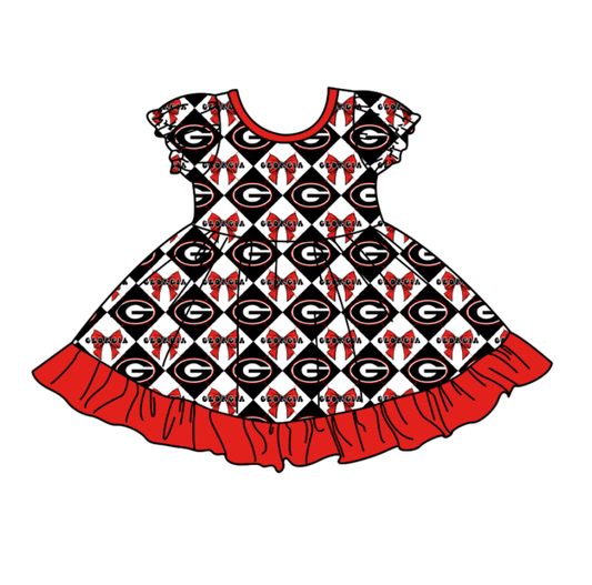 CUSTOM MOQ 5 Baby Girl Orange Bow Plaid Short Sleeve Team Knee Length Dresses