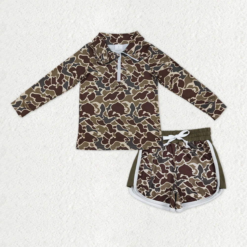 1.13 RTS NO MOQ （In stock）BT1649 + SS0745 Baby Girls Southern Dark Khaki Camo Zip Pullover Top Shorts Clothes Sets