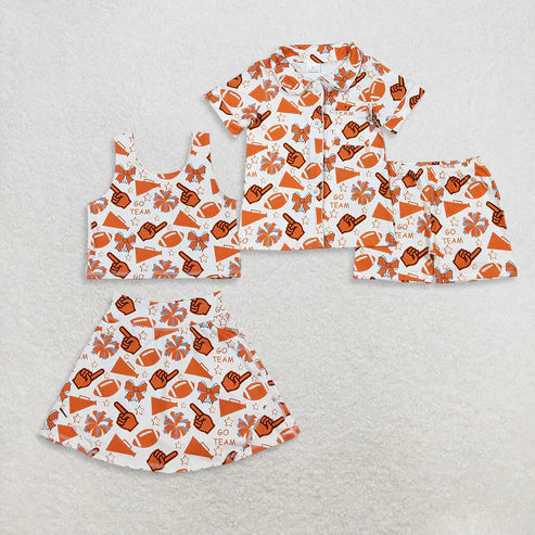9.19 RTS Sibling Baby Girls Go Team Footballs Bows Yoga Skorts Set Button Shorts Pajamas Set