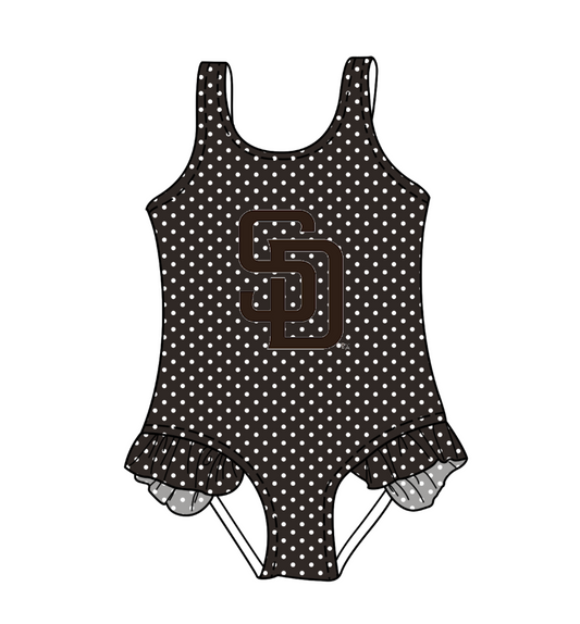 CUSTOM MOQ 5 Cute Comfortable Clothing For Kids Baby Girls Brown Polka Dots Ruffle Team One Piece Swimsuits
