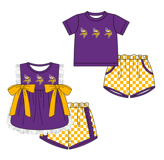 CUSTOM MOQ 5 Cute Kids Clothing Sibling Boys Baby Girls Summer Purple Top Golden Checked Shorts Team Clothes Sets