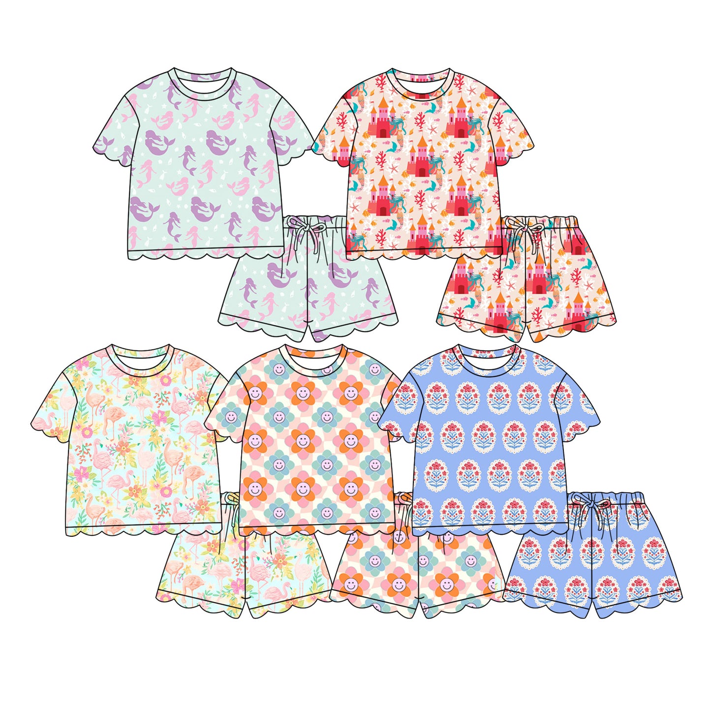 CUSTOM MOQ 5 Sibling Baby Girls Summer Short Sleeve Tunic Ruffle Shorts Clothes Sets