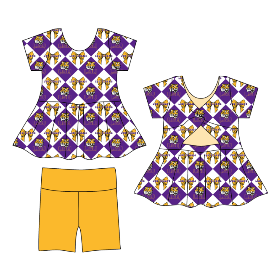 CUSTOM MOQ 5 Baby Girl Clothes Purple Bow Plaid Team Short Sleeve Shorts Yoga Active Clothes Sets