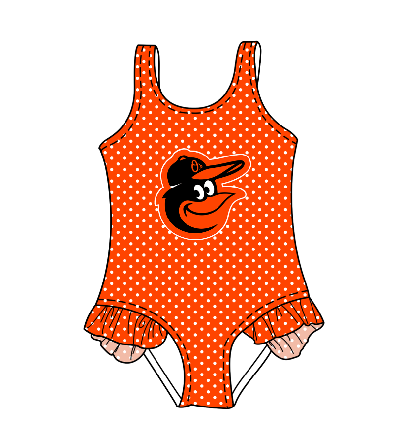 CUSTOM MOQ 5 Cute Comfortable Clothing For Kids Baby Girls Orange Polka Dots Ruffle Team One Piece Swimsuits
