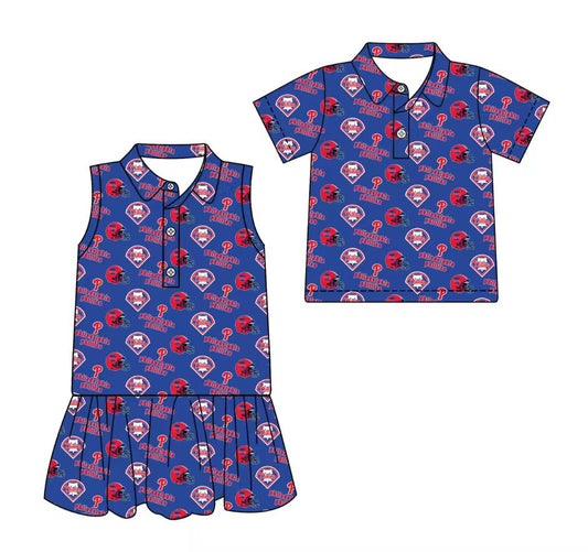 3.11 CUSTOM MOQ 5 Sibling Boys Baby Girls Summer Fashion Short Sleeve Blue Red Hat Shirt Sleeveless Dress Team Clothes Sets