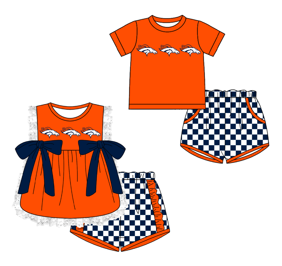 CUSTOM MOQ 5 Cute Kids Clothing Sibling Boys Baby Girls Summer Orange Top Blue Checked Shorts Team Clothes Sets