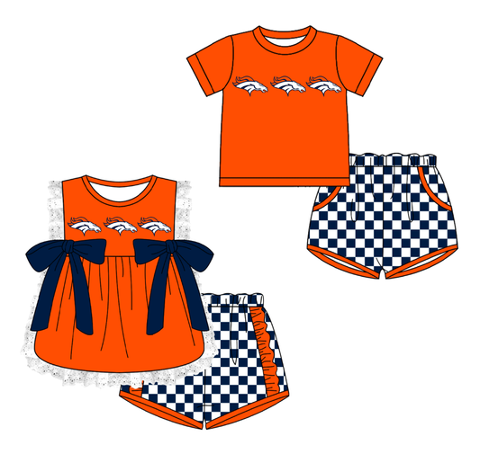 CUSTOM MOQ 5 Cute Kids Clothing Sibling Boys Baby Girls Summer Orange Top Blue Checked Shorts Team Clothes Sets