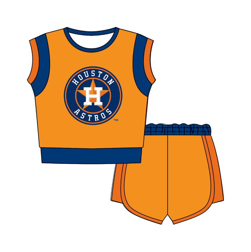 CUSTOM MOQ 5 Cute Comfortable Clothing For Kids Baby Kids Summer Orange H Sleeveless Patchwork Top Shorts Clothes Sets