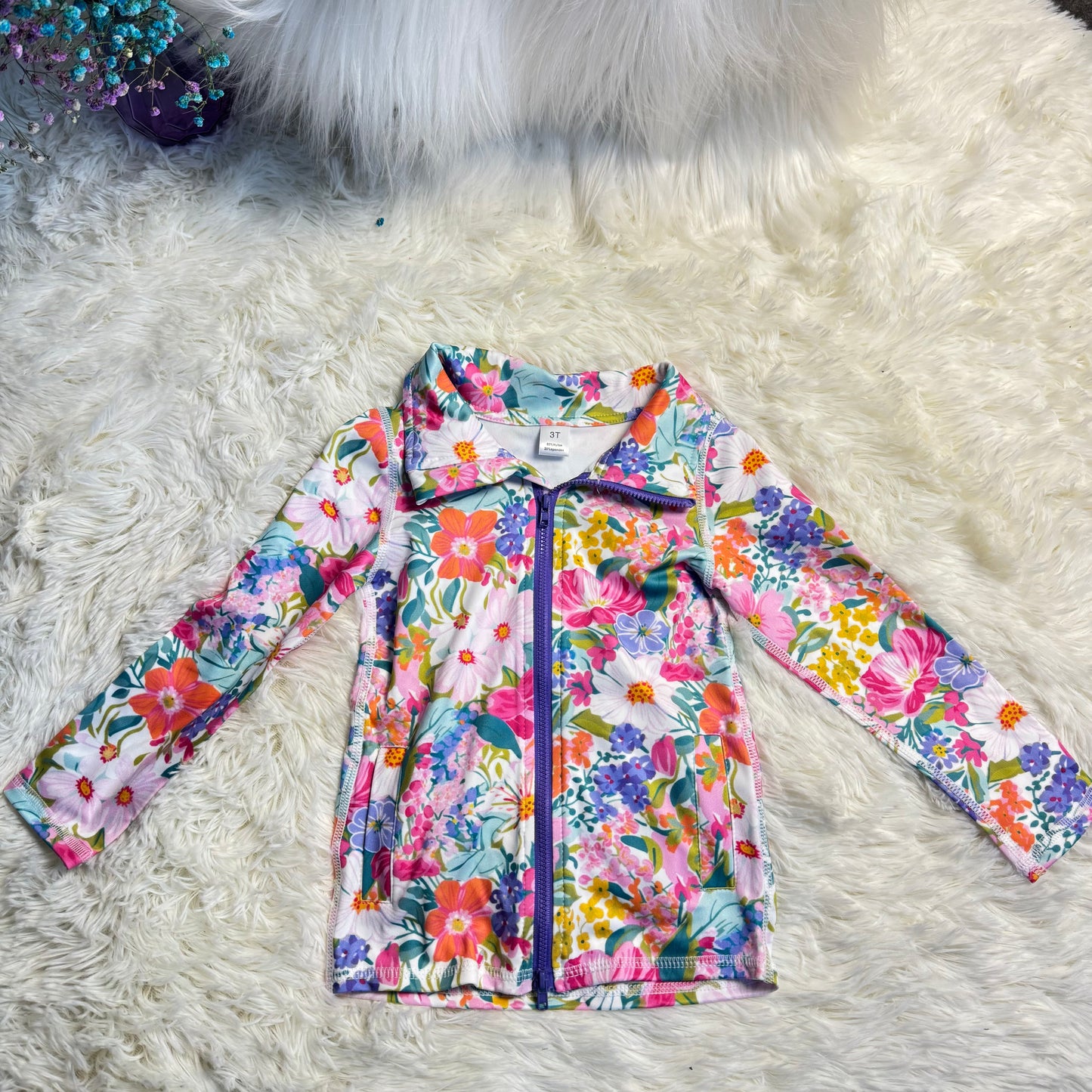 12.2 RST GT1061 Baby Girls Long Sleeves Pink Lavender Floral Pockets Zipper Yoga Jackets