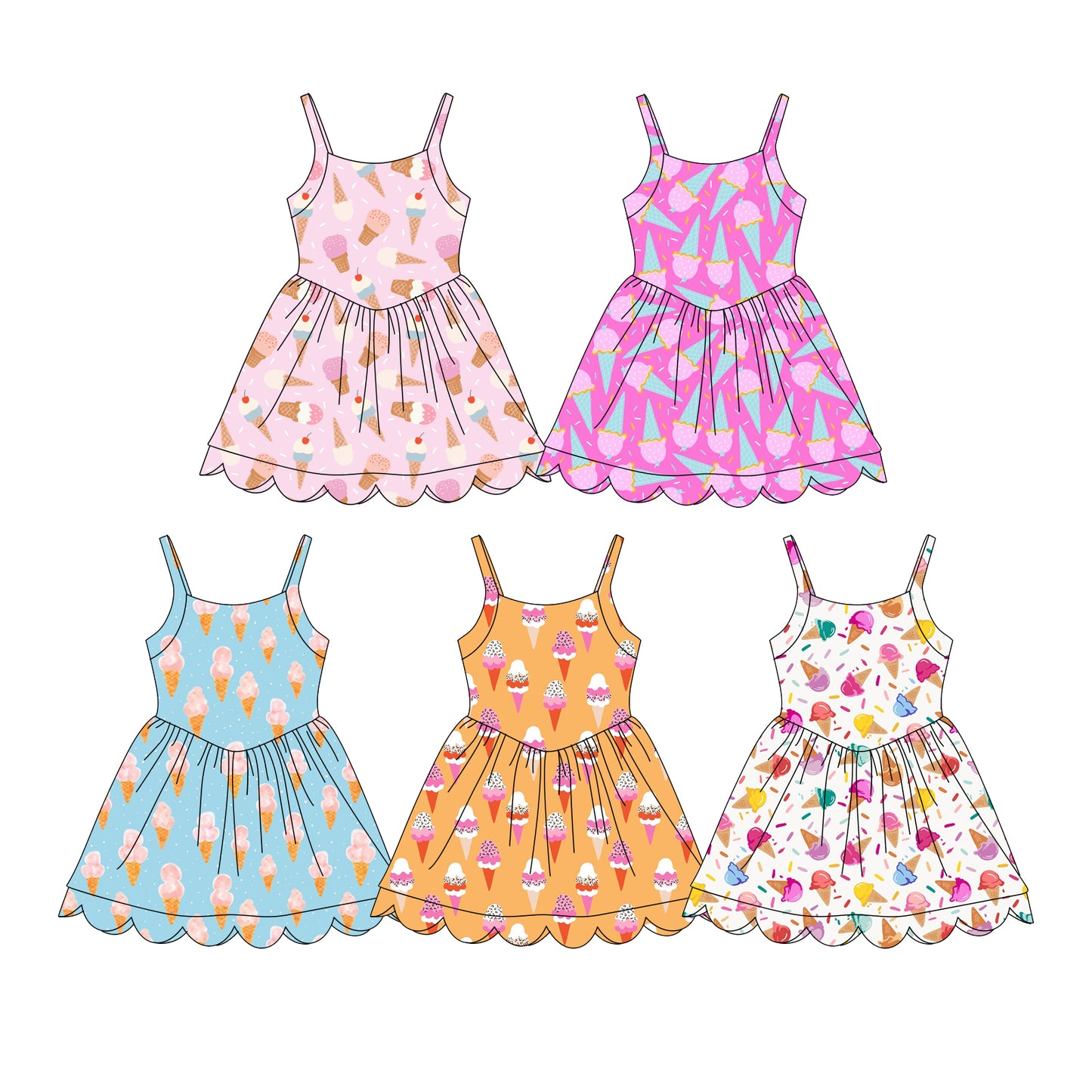 CUSTOM MOQ 5 Sibling Baby Girls Summer  ice cream sleeveless knee length Dress