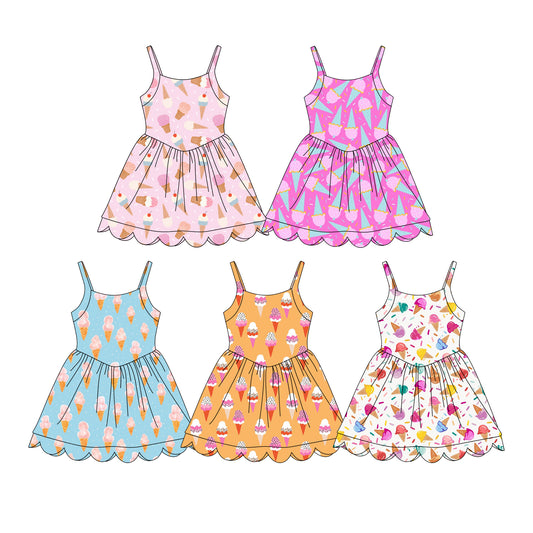 CUSTOM MOQ 5 Sibling Baby Girls Summer  ice cream sleeveless knee length Dress