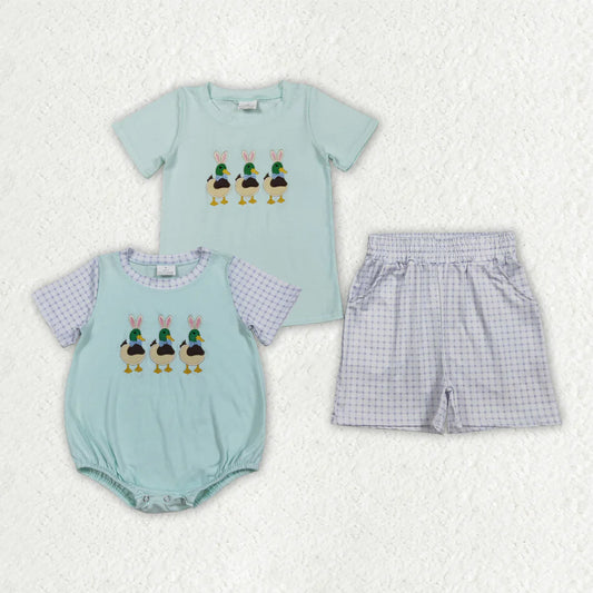 3.26 RTS Sibling Baby Boys Blue Embroidery Bunny Ducks Top Pockets Short Hunting Clothes Set Rompers