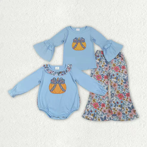 10.1 RTS Sibling Embroidery Pumpkins Baby Girls Top Bell Bottom Pant Fall Clothes Sets Ruffle Rompers