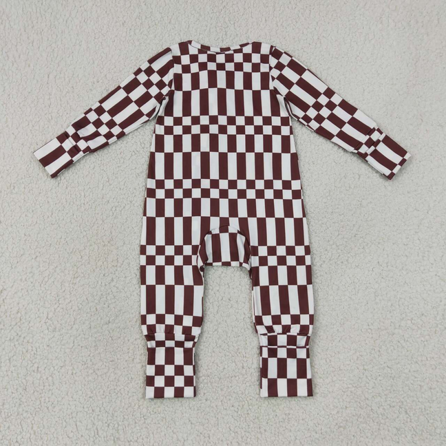 LR3114 RTS NO MOQ （In stock）Baby Boys Maroon Check Long Sleeve Two Way Zipper Rompers