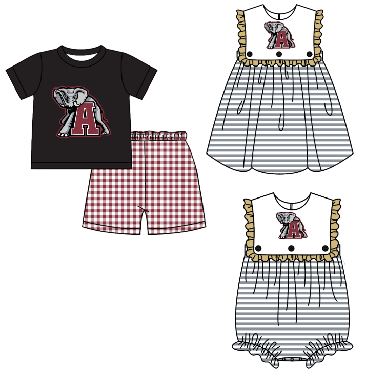CUSTOM MOQ 5 Sibling Baby Kids Black Elephant Top Shorts Clothes Set Knee Length Dress Rompers