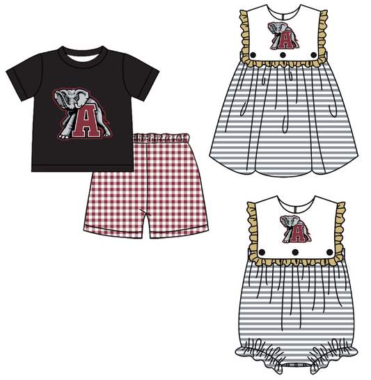 CUSTOM MOQ 5 Sibling Baby Kids Black Elephant Top Shorts Clothes Set Knee Length Dress Rompers