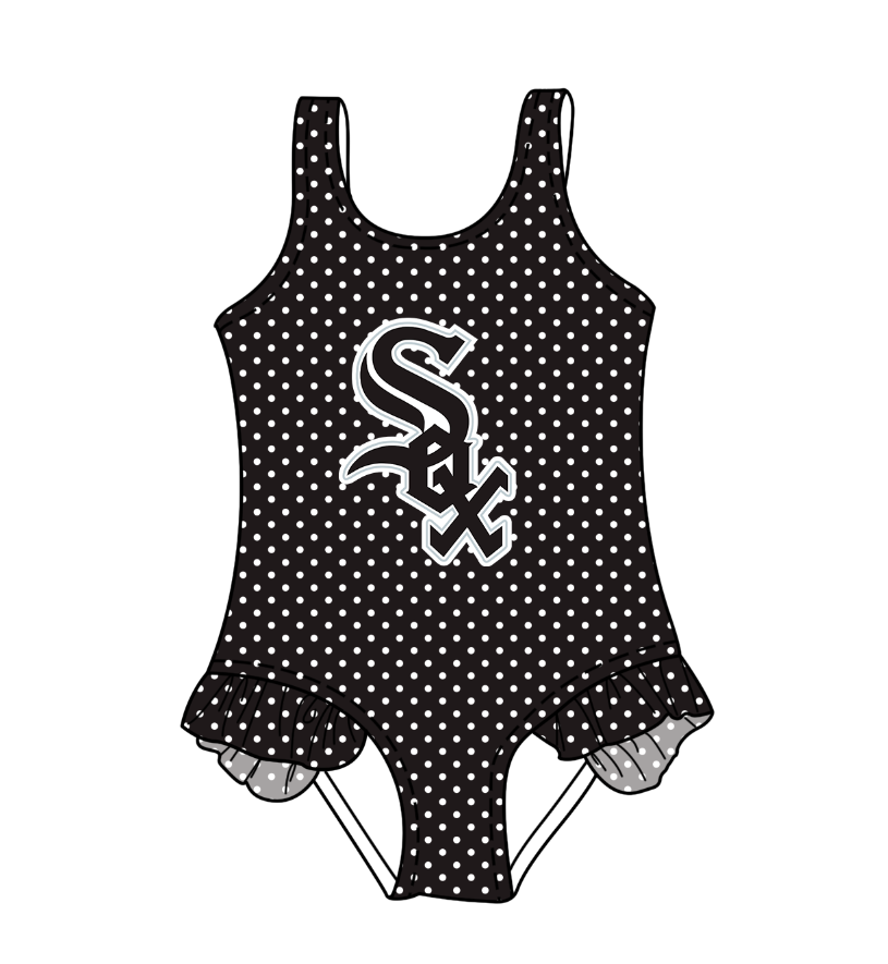 CUSTOM MOQ 5 Cute Comfortable Clothing For Kids Baby Girls Black Polka Dots Ruffle Team One Piece Swimsuits