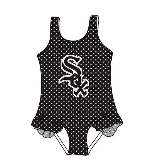 CUSTOM MOQ 5 Cute Comfortable Clothing For Kids Baby Girls Black Polka Dots Ruffle Team One Piece Swimsuits
