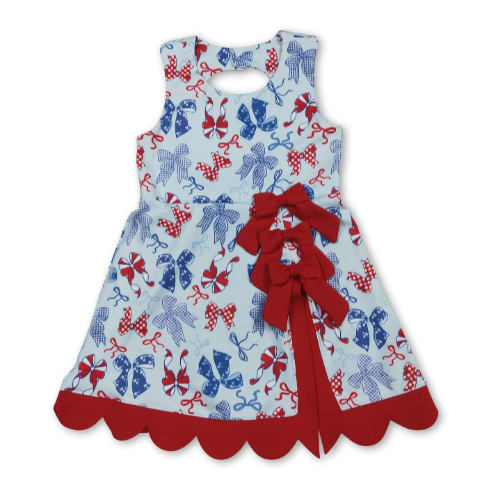 RTS NO MOQ Sibling yoga fabric Baby Girls Bow Scallop Trim Knee Length  Athletic Short Dress