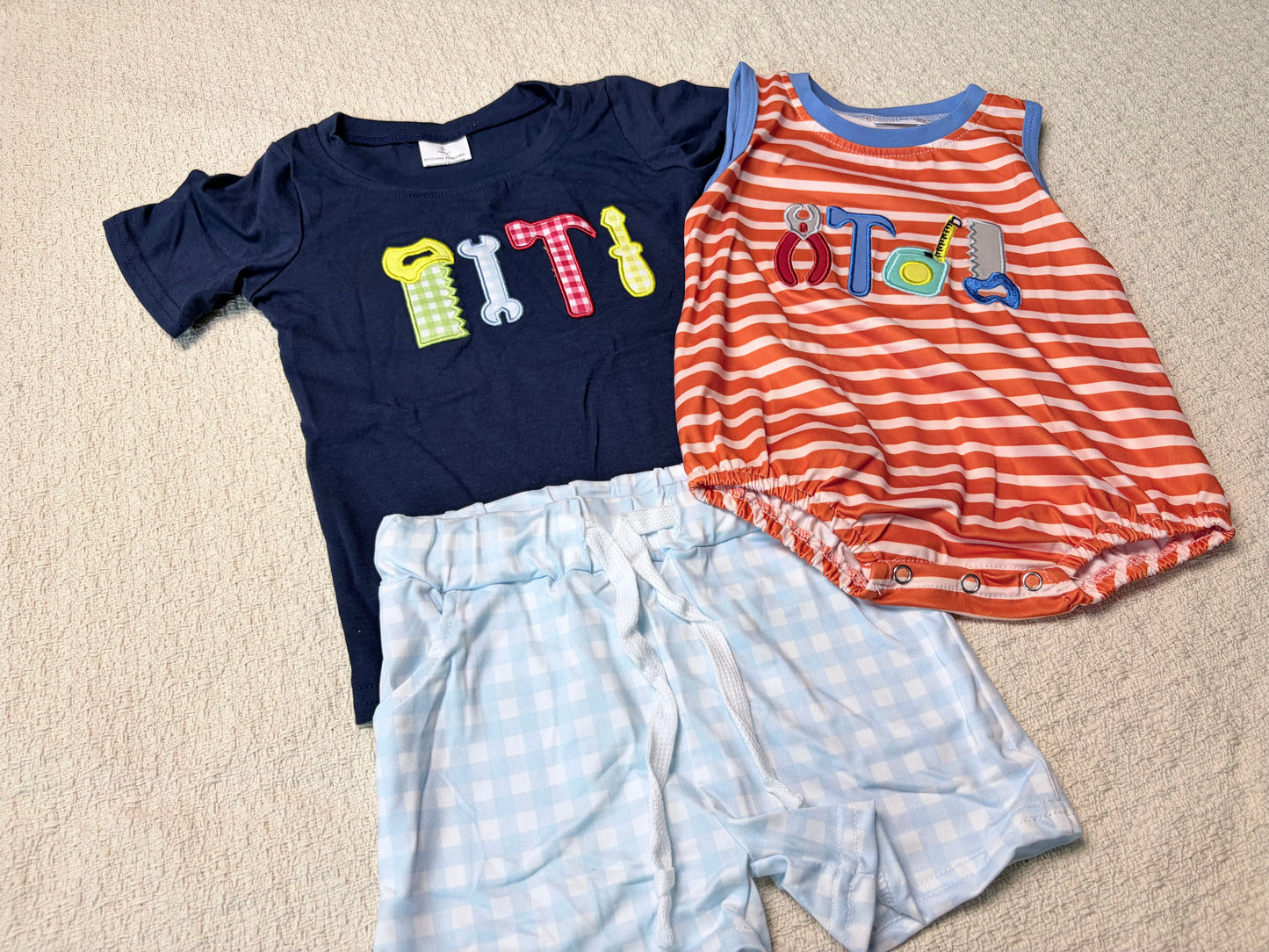 0430 RTS Sibling Short sleeves navy tools baby boys clothes and romper