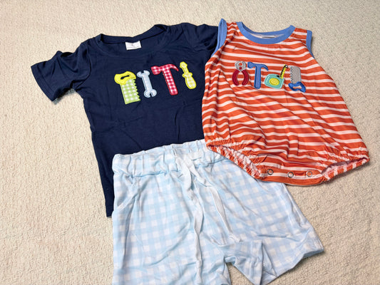 0430 RTS Sibling Short sleeves navy tools baby boys clothes and romper