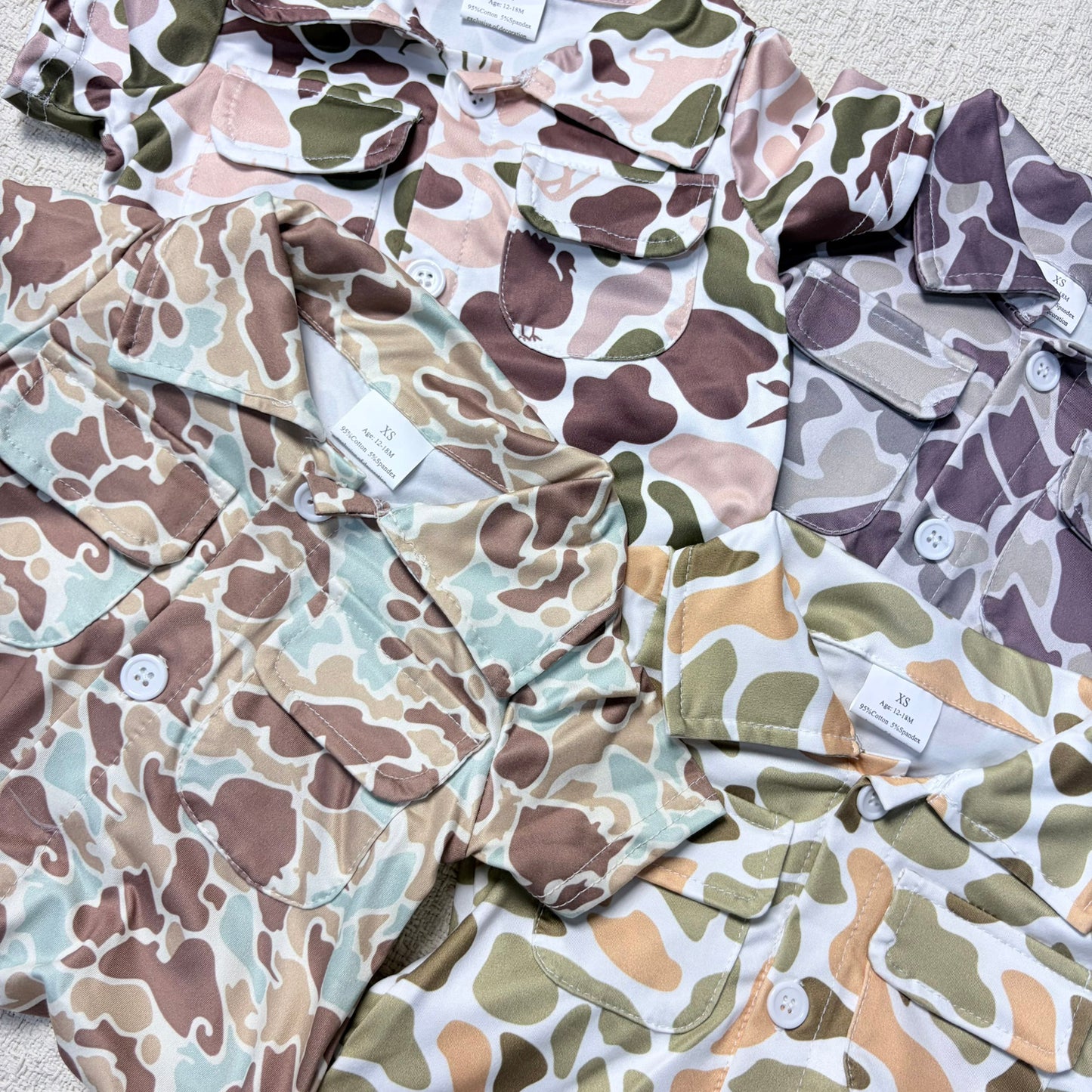 0514 RTS Sibling Short sleeves camo pockets baby boy button romper