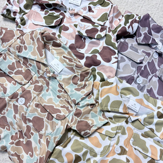 0514 RTS Sibling Short sleeves camo pockets baby boy button romper