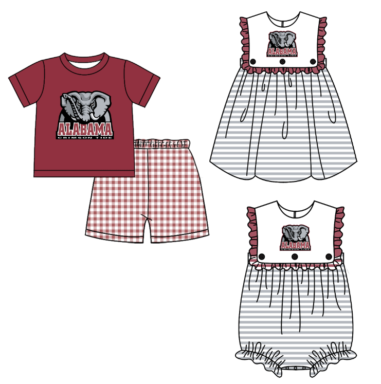 CUSTOM MOQ 5 Sibling Baby Kids Red Elephant Top Checked Shorts Clothes Set Knee Length Dress Rompers