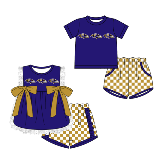 CUSTOM MOQ 5 Cute Kids Clothing Sibling Boys Baby Girls Summer Purple Top Khaki Checked Shorts Team Clothes Sets