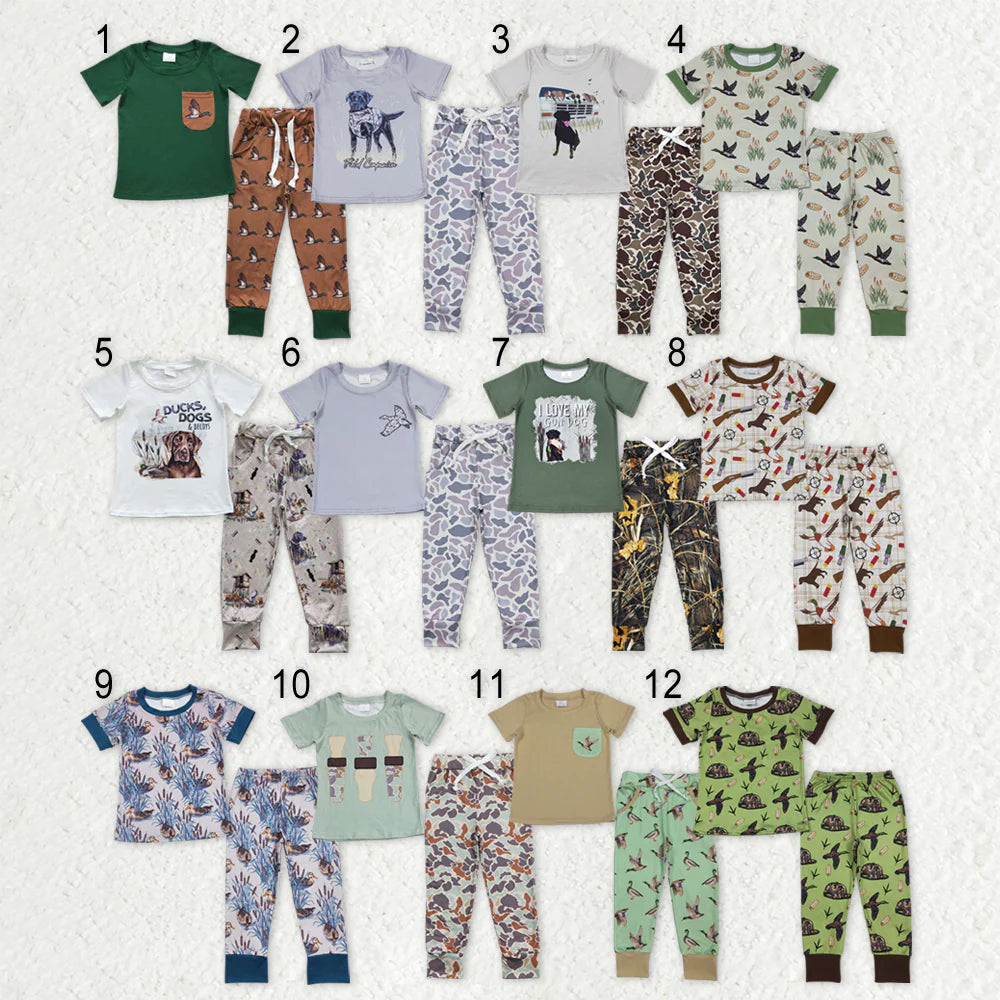 12.19 RTS Sibling Baby Boys Short Sleeve Dogs Ducks Top Pants Hunting Pajamas Clothes Sets