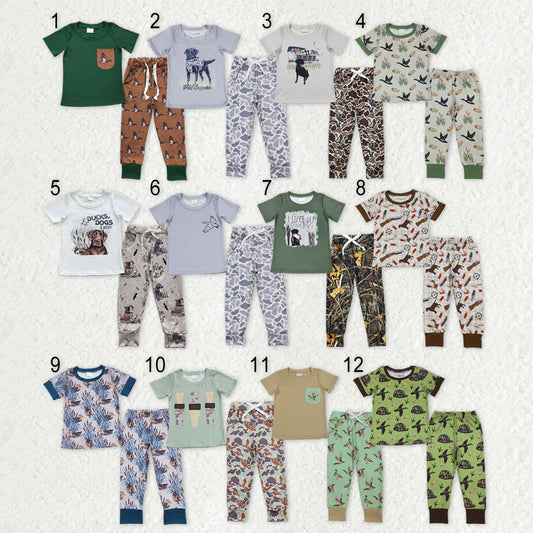 12.19 RTS Sibling Baby Boys Short Sleeve Dogs Ducks Top Pants Hunting Pajamas Clothes Sets
