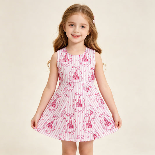 GSD3815 RTS NO MOQ （In stock ）Pink sleeveless stripe bow castle girls athletic dresses