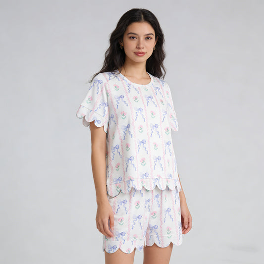 4.9 GSSO3405 RTS NO MOQ （In stock）Short sleeves floral bow top shorts adult women outfits