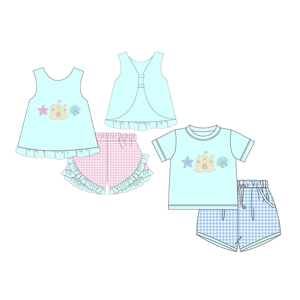 Starfish shell castle top plaid shorts boys kids clothes