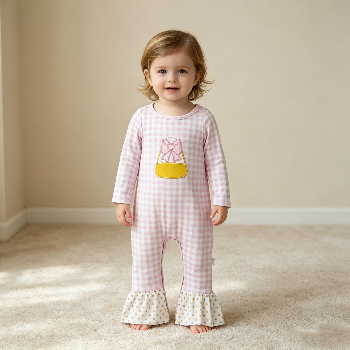 RTS NO MOQ （In stock）milk silk LR3022 Embroidery Bows Candy Baby Girls Pink Checked Halloween Ruffle Pant Rompers