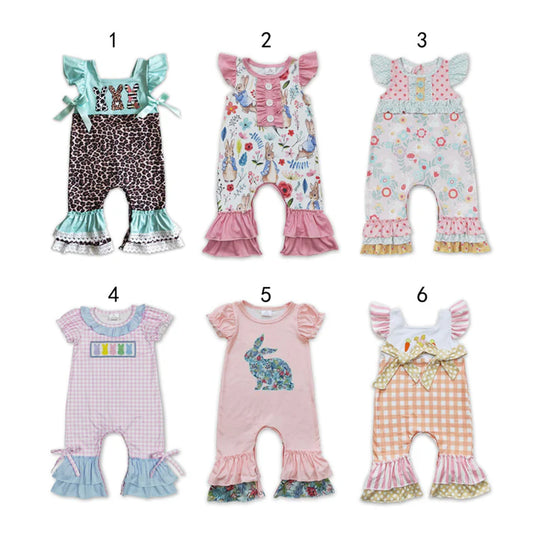 RTS Sibling Baby Girls Summer Rompers Pink floral rabbit baby girls easter romper