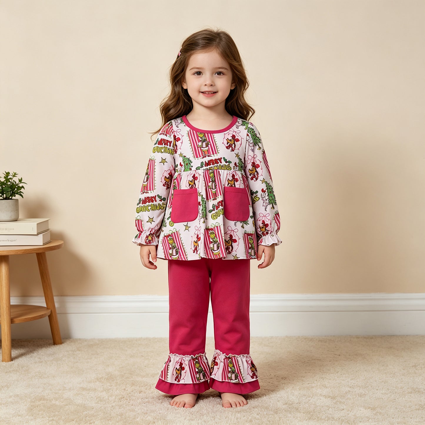 GLP3461 RTS NO MOQ （In stock）milk silk Cute Clothes Baby Girls Christmas Print Long Sleeve Pocket Tunic Elastic Waist Ruffle Hem Pants Holiday Outfit