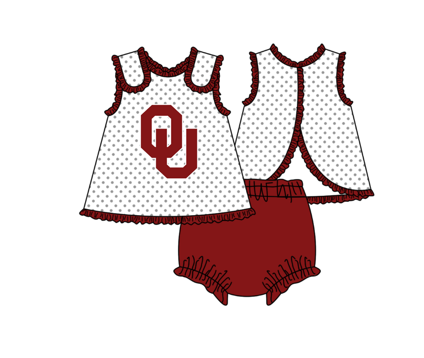 CUSTOM MOQ 5 Sibling Boys Baby Girls Red OU Top Shorts Clothes Set Knee Length Dress Rompers