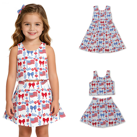RTS Sibling Sleeveless floral bow flag top skirt girls 4th of july active set