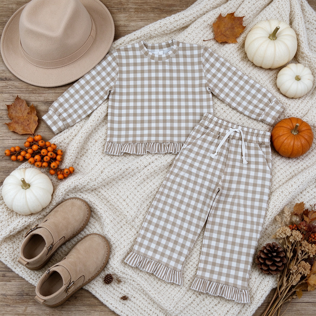 RTS NO MOQ （In stock）milk silk GLP3674 Baby Girls Plaid Checked Top Ruffle Pant Set
