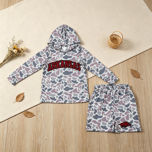 RTS NO MOQ milk silk BLS0046 Baby Boys Light Grey Camo Arkansas Long Sleeve Hoodie Pockets Short Team Clothes Set