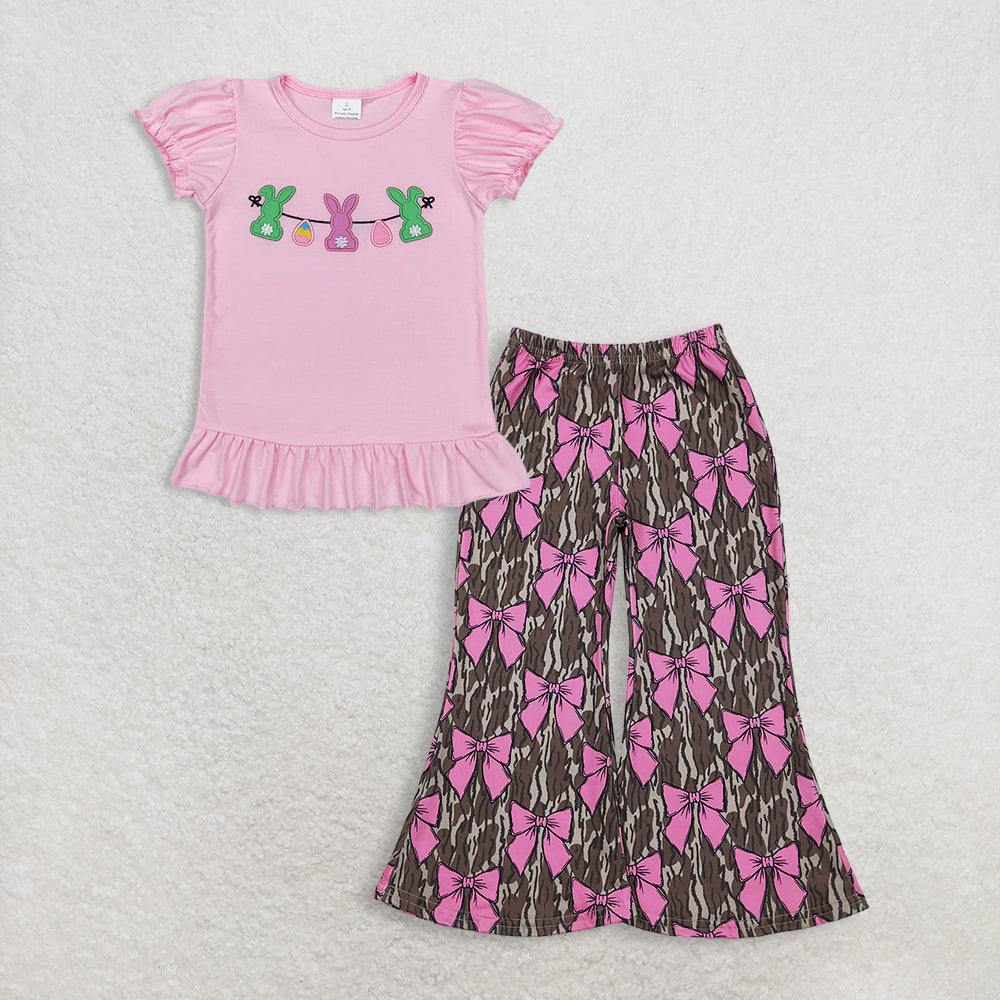 3.13 RTS NO MOQ （In stock）GT0391+ P0896 Baby Girls Easter Pink Rabbits Bunny Puffy Short Sleeve Shirt Tops Olive Camo Pink Bows Flare Pants Bottoms