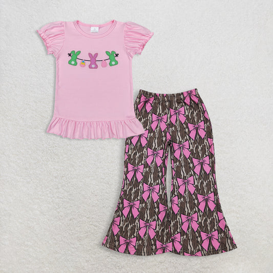 3.13 RTS NO MOQ （In stock）GT0391+ P0896 Baby Girls Easter Pink Rabbits Bunny Puffy Short Sleeve Shirt Tops Olive Camo Pink Bows Flare Pants Bottoms