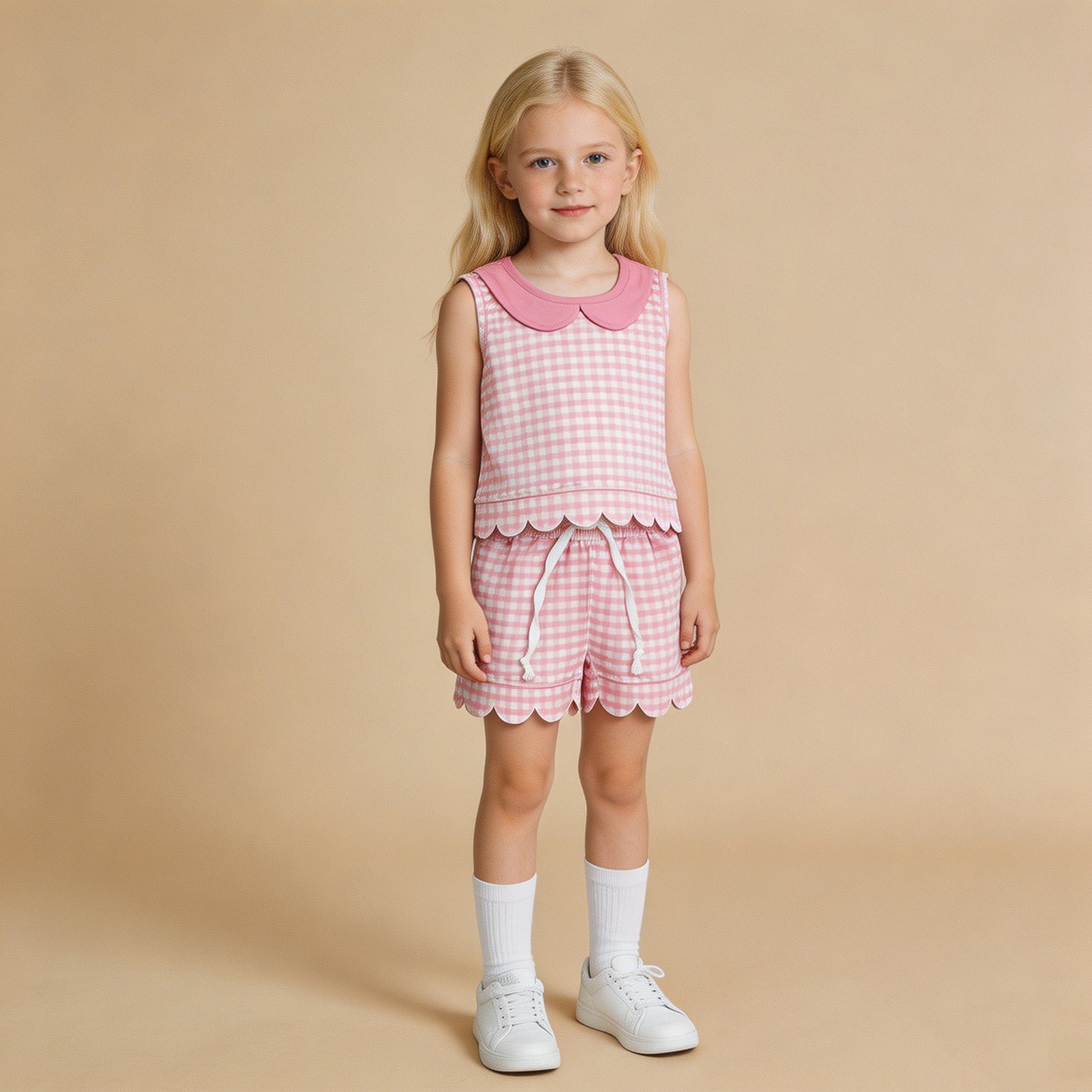GSSO3394 RTS NO MOQ （In stock）Sleeveless pink plaid scallop top shorts girls outfits